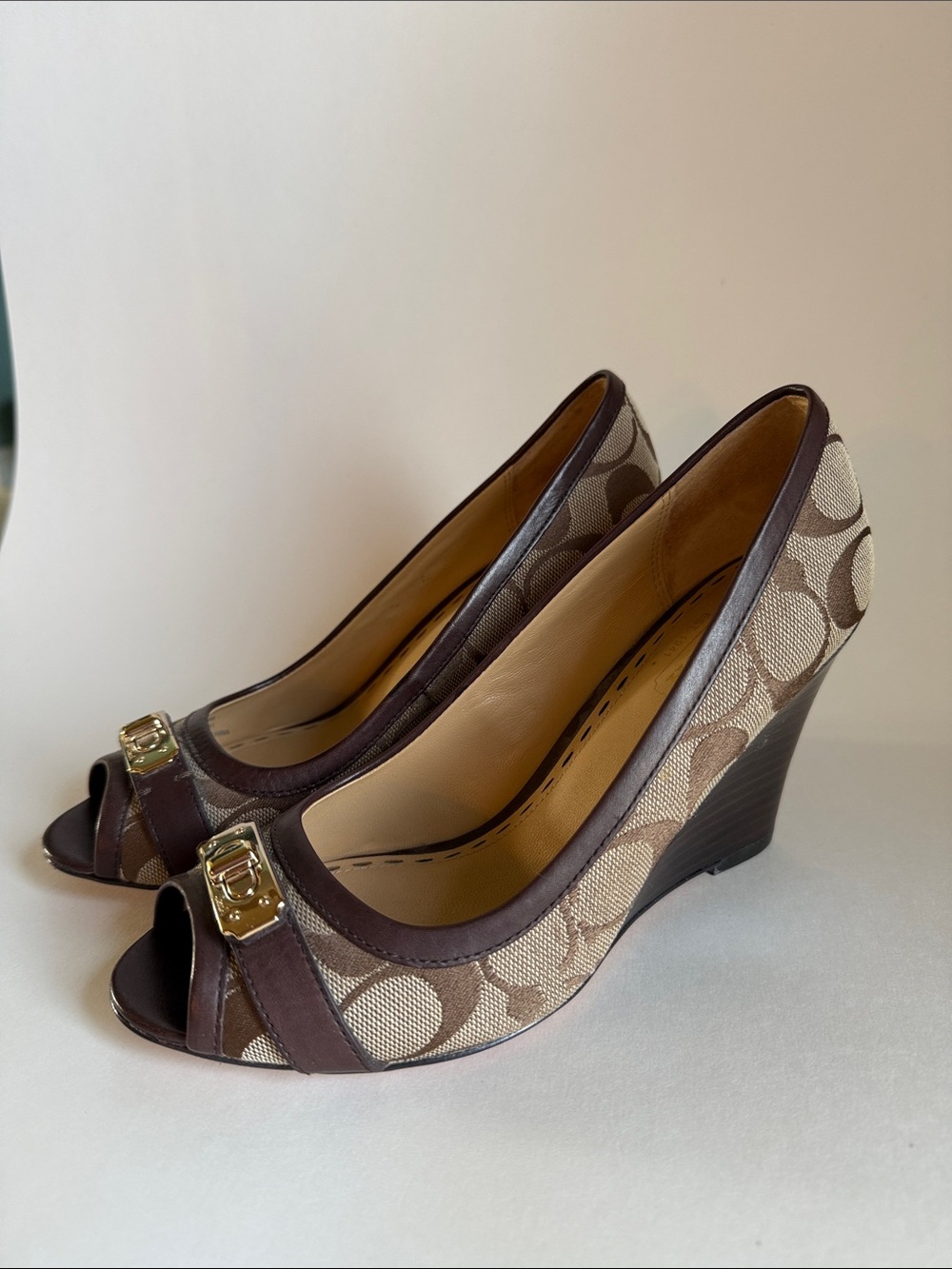 Coach Brown Signature Canvas Peep-Toe Wedge Pumps with Gold Buckle